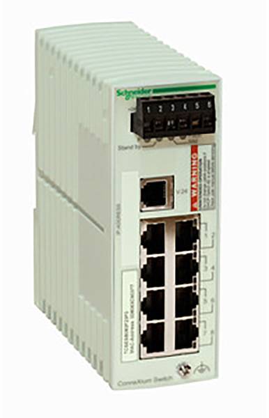 An industrial Ethernet switch from Schneider Electric with multiple ports for network connections.