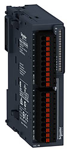 A digital I/O module from Schneider Electric with black connectors and orange markings; suitable for industrial control.