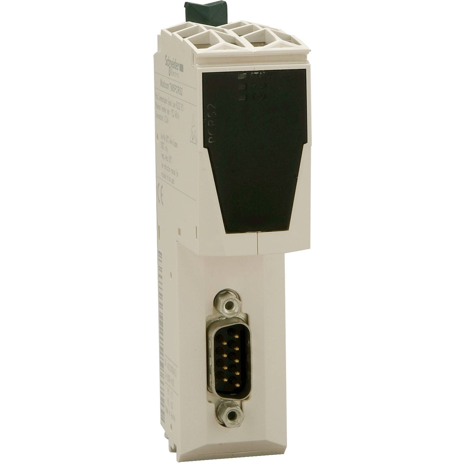 An industrial control module with a serial port. It is positioned vertically and displays technical details.