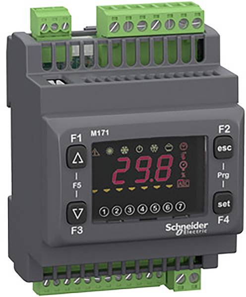 An electronic control unit from Schneider Electric with a digital display showing the number '29.8'. Several buttons and connectors are visible.