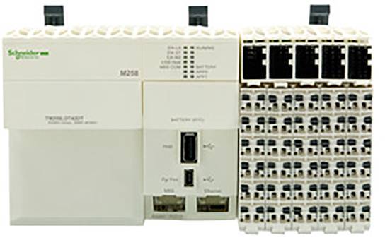 'Schneider Electric M258' automation module with various ports and connections, suitable for industrial control tasks.