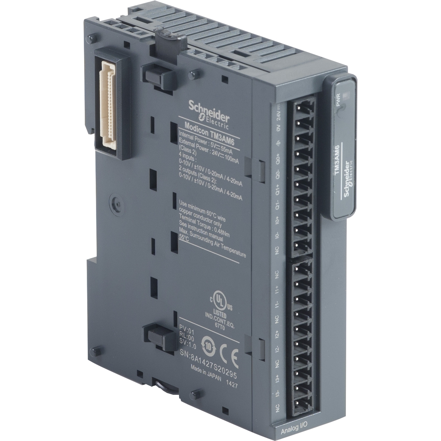 A Modicon TM3AM6 module from Schneider Electric, square and black with multiple slots and connections on the front.