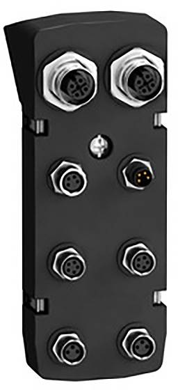 Black, rectangular device with several round ports and screw nuts, presumably an electrical distribution board.