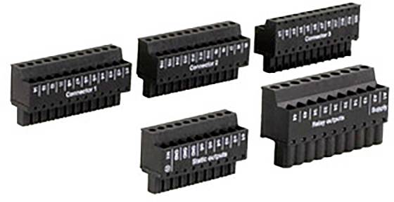 Five black electrical connectors arranged in different configurations. They are intended for connections in electronic devices.