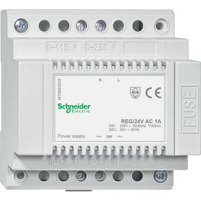 Power supply module with 'Schneider Electric' label, voltage input 230V, output 24V, with CE marking.