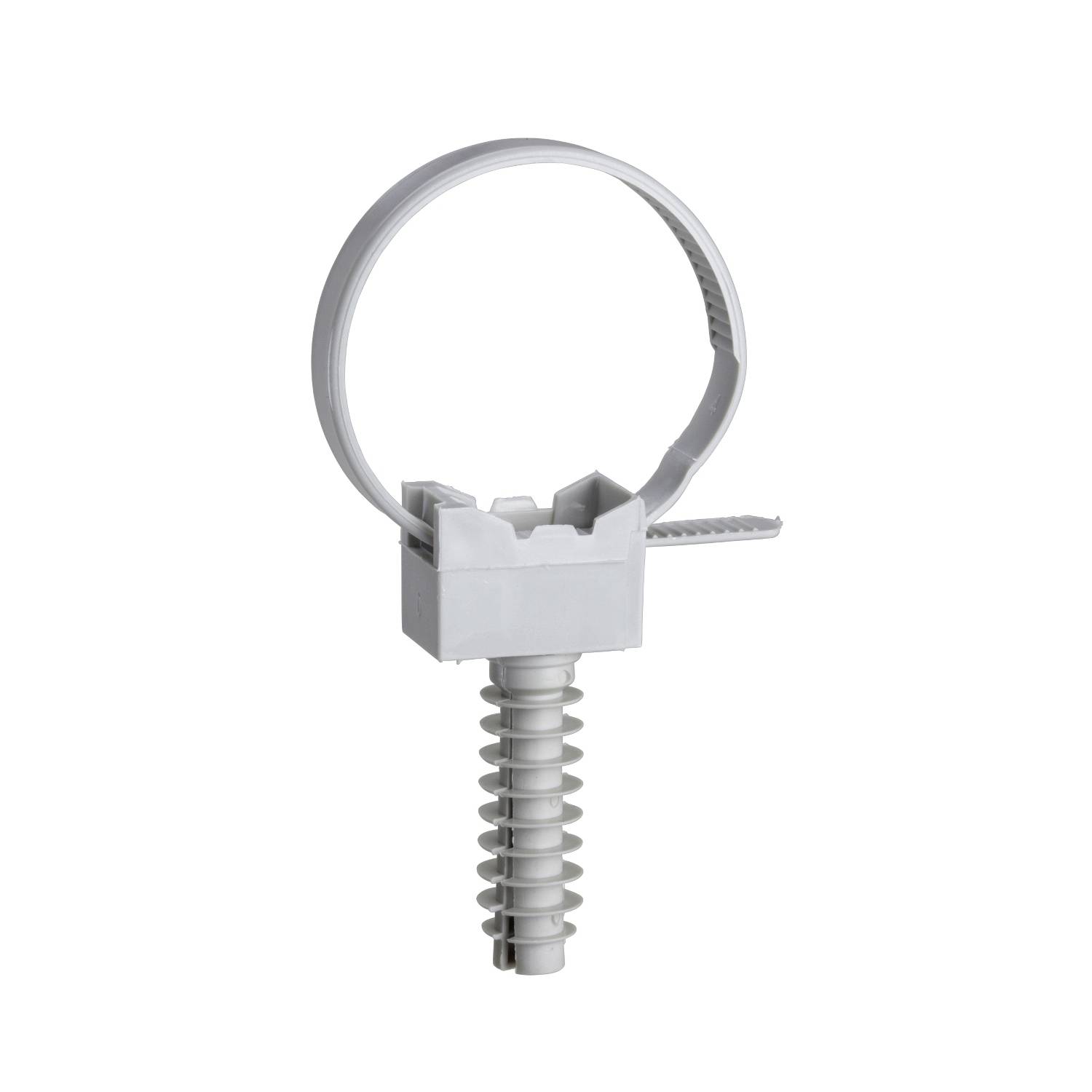 Plastic cable clip with round design and screw; used for securing cables to walls or other surfaces.