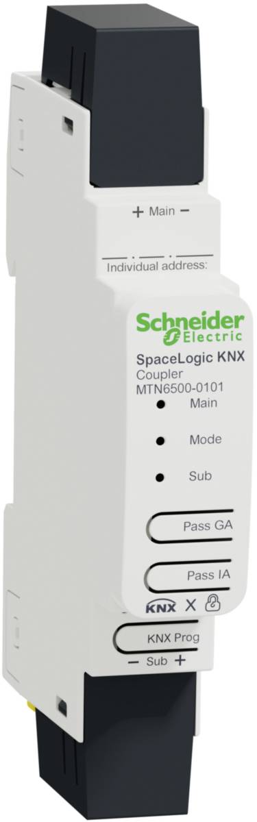 Schneider Electric SpaceLogic KNX Coupler, MTN6500-0101, for connecting KNX segments. Features buttons for mode and programming.