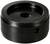 A black, ridged metal knob with a circular recess in the centre, possibly part of a mechanical device.