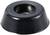 A black, round rubber door stop with a central hole, against a white background.