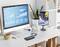 A modern desk with a computer monitor displays data analyses. A tablet, smartphone and plants are also on the desk.