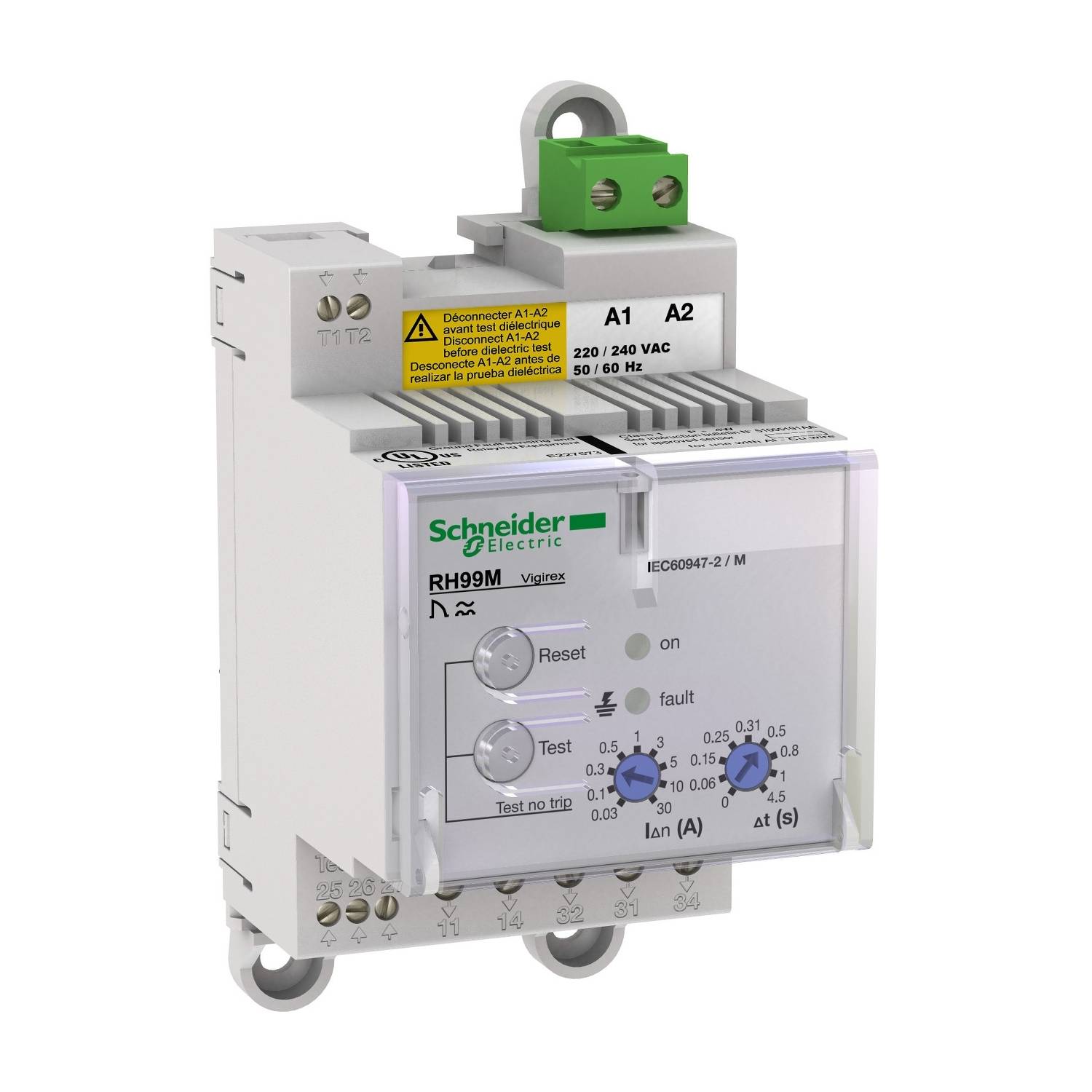 'Schneider Electric RH99M Residual Current Circuit Breaker', with green terminal at the top, adjustment knobs and warning notices on the front.
