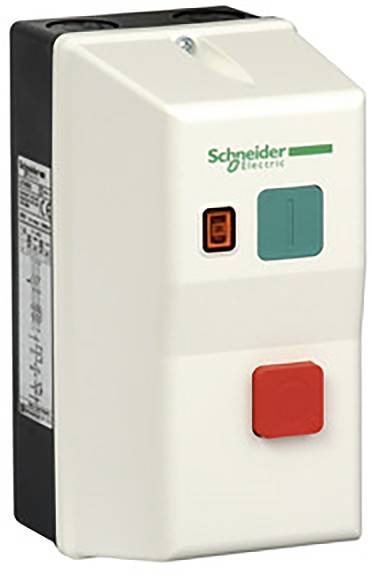 A rectangular electrical motor switch by Schneider Electric with a green and red button for switching on and off.