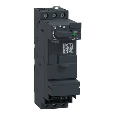 A black electric power switch with the labelling 'Schneider Electric' and 'LU1320', showing adjustment controls and a QR code.