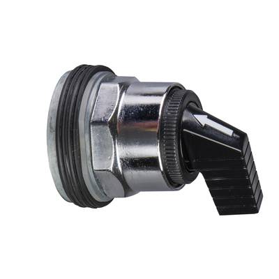 A chrome-plated switch with a black handle and an arrow pointing to the right. The switch has a knurled thread and a round nut base.