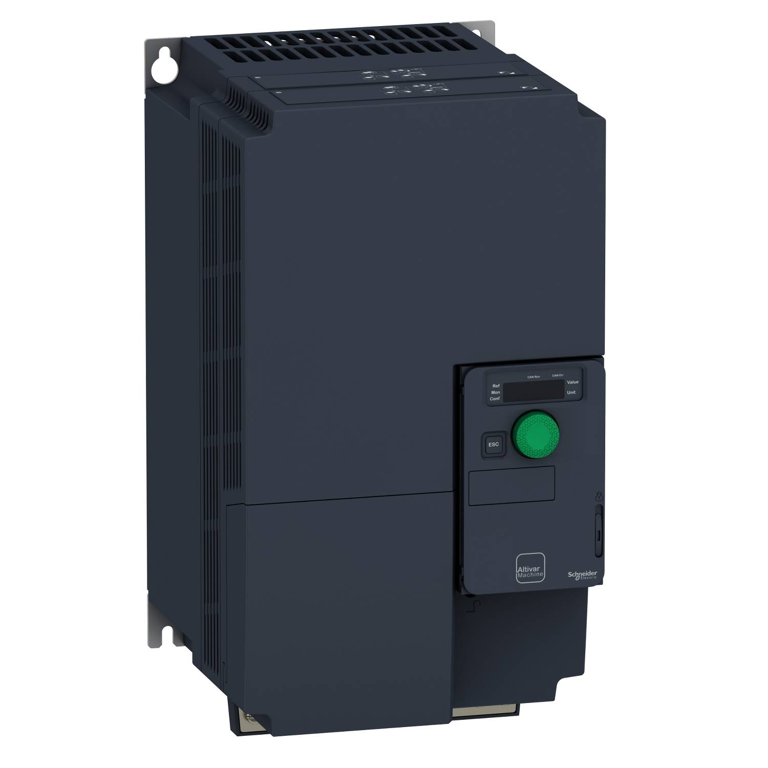 A black control cabinet with a green button on the front, used for controlling electrical equipment.