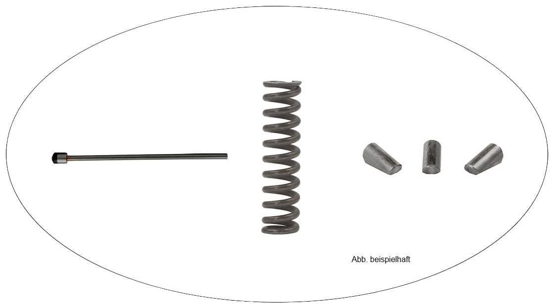 'Image of a steel tube, a spiral spring, and three metal pins on a white background. Labelled "Fig. exemplary".'