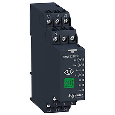 Electronic device by Schneider Electric with labels for L1, L2, L3, N and NFC symbol. Used for voltage monitoring.