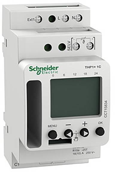 Electronic time switch by Schneider Electric, Model CCT15854. Shows display, control elements and connection terminals.