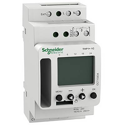 Electronic time switch by Schneider Electric, Model CCT15854. Shows display, control elements and connection terminals.