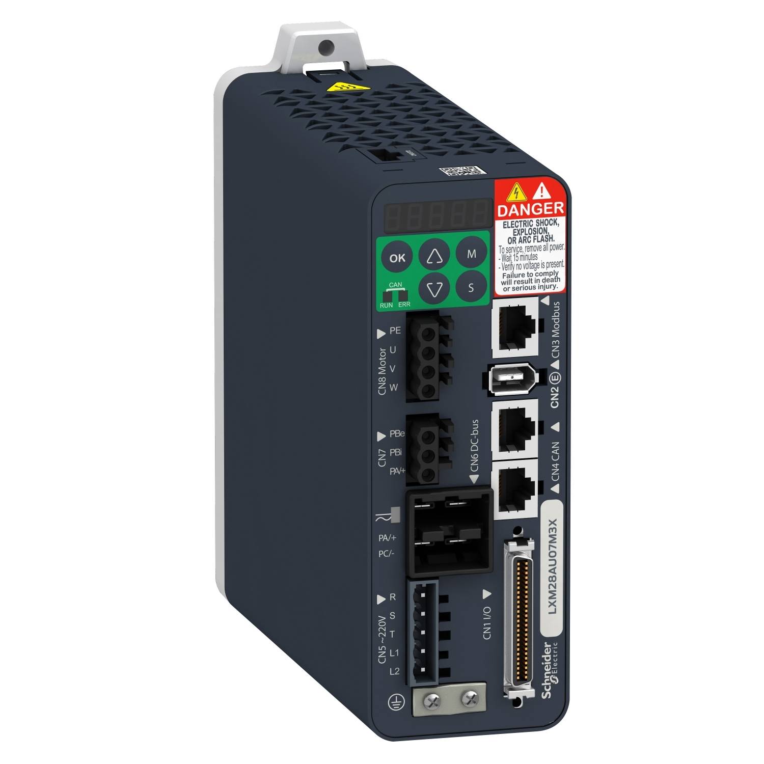 Electronic device by Schneider Electric with multiple connections, LEDs, and warning indicators; Model 'LXM32AD18N4'.