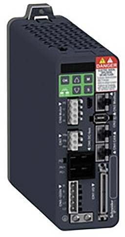 A black electronic device with multiple ports and a digital control panel on top. There is a red warning label positioned on the top.