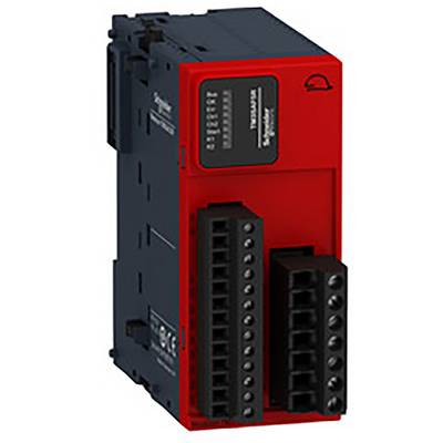 Red electrical module with black connection block, multiple terminal connectors and white model number on the front.