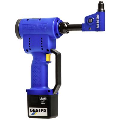 Blue battery-powered lever riveter by GESIPA with ergonomic handle and 14.4V Li-Ion battery. Suitable for professional fastening work.