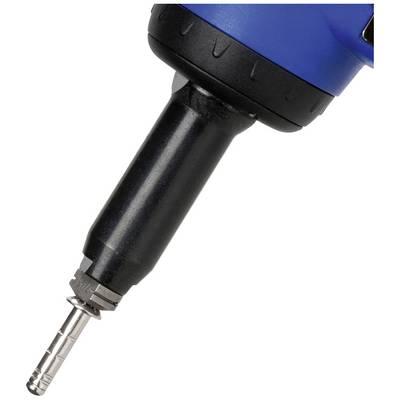 Blue pneumatic screwdriver with black handle and silver nozzle, side view.