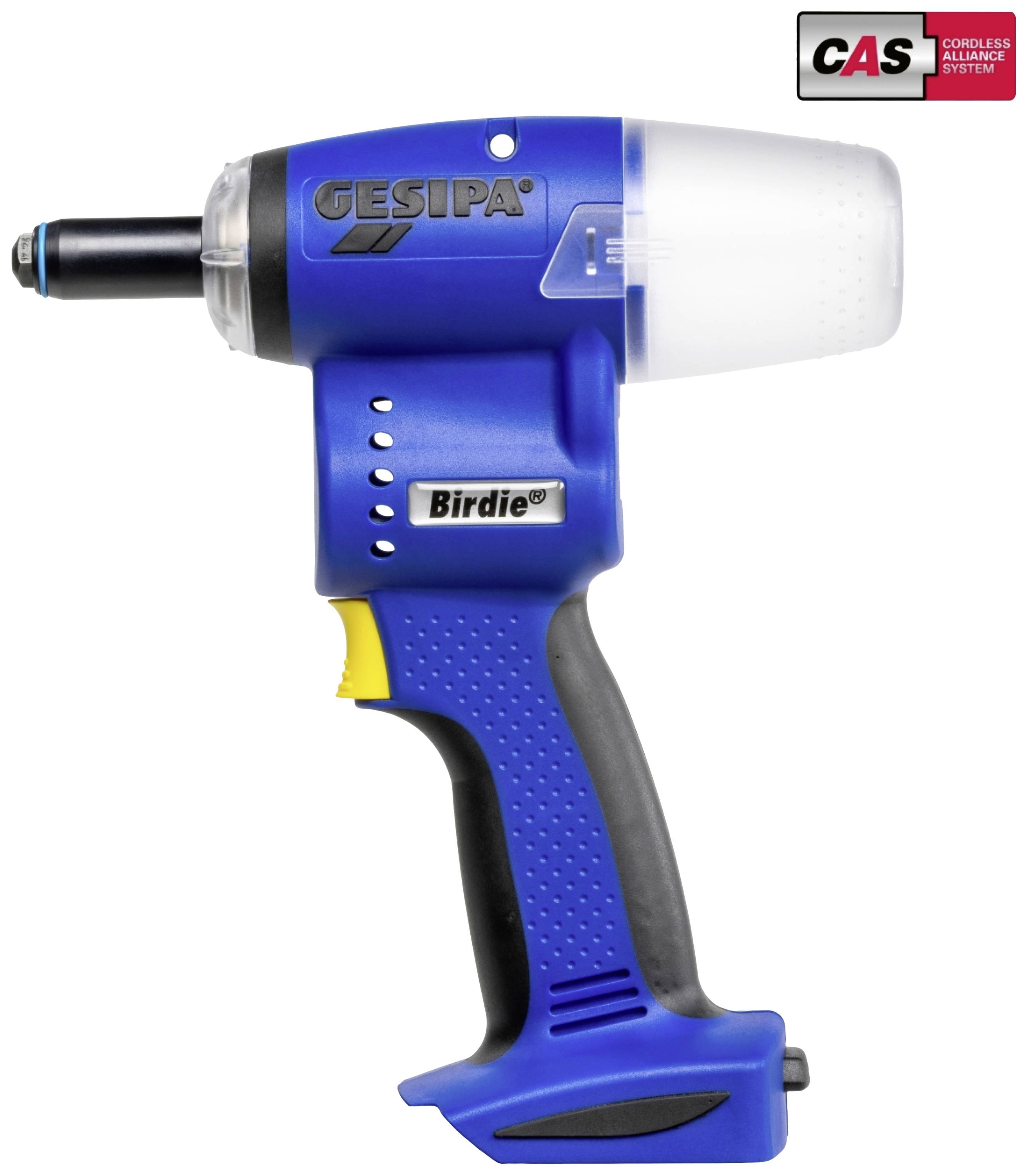 A blue, hand-held riveting tool with 'Birdie' written on the handle and a black, rubberised grip.