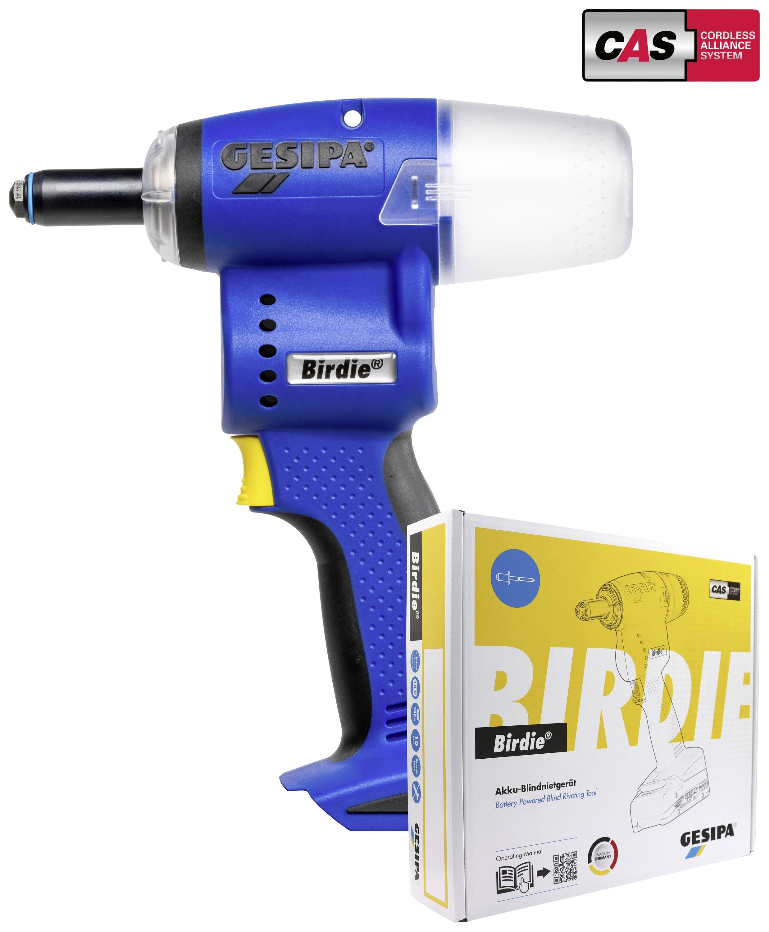 'Birdie battery-powered blind rivet tool by GESIPA in blue with ergonomic handle, glossy attachment and battery technology. Packaging beside it.'