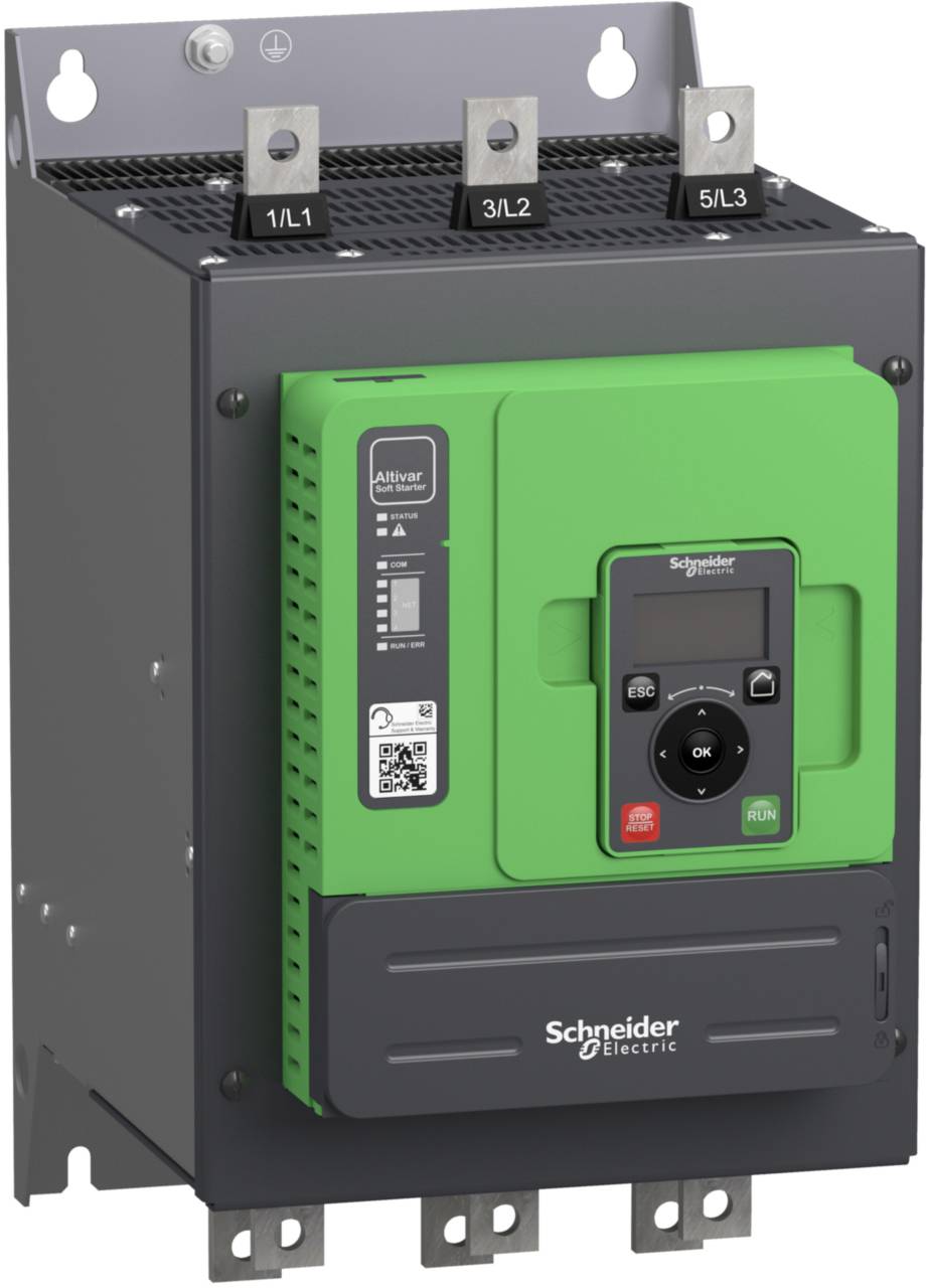 A green frequency converter from Schneider Electric, Altivar model, with display and control elements on the front panel.