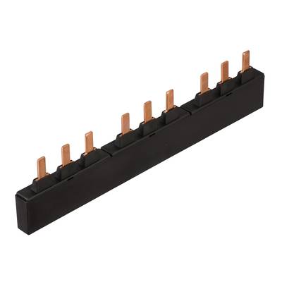 A black busbar connector with eight copper terminals. It is used in electrical switchboards for power distribution.