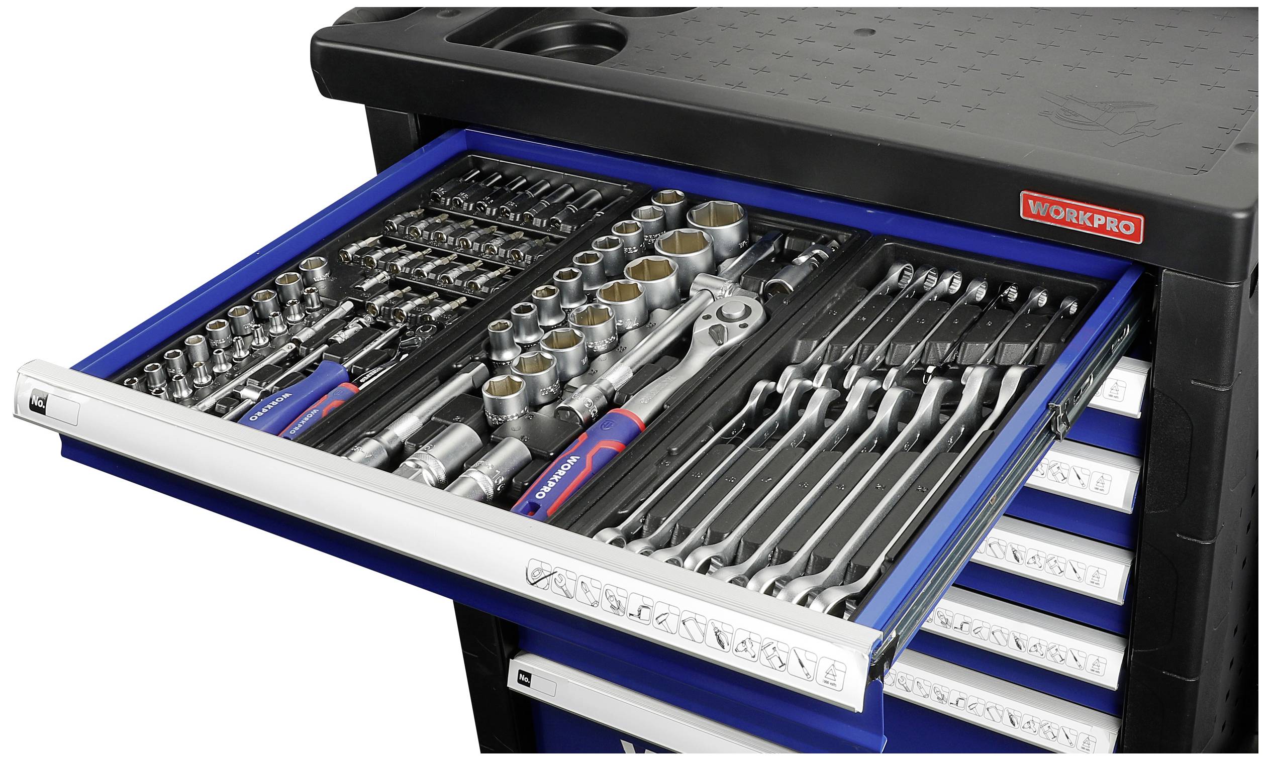 Toolbox with an open drawer full of socket keys, ratchets, and spanners, neatly organised in foam inserts.