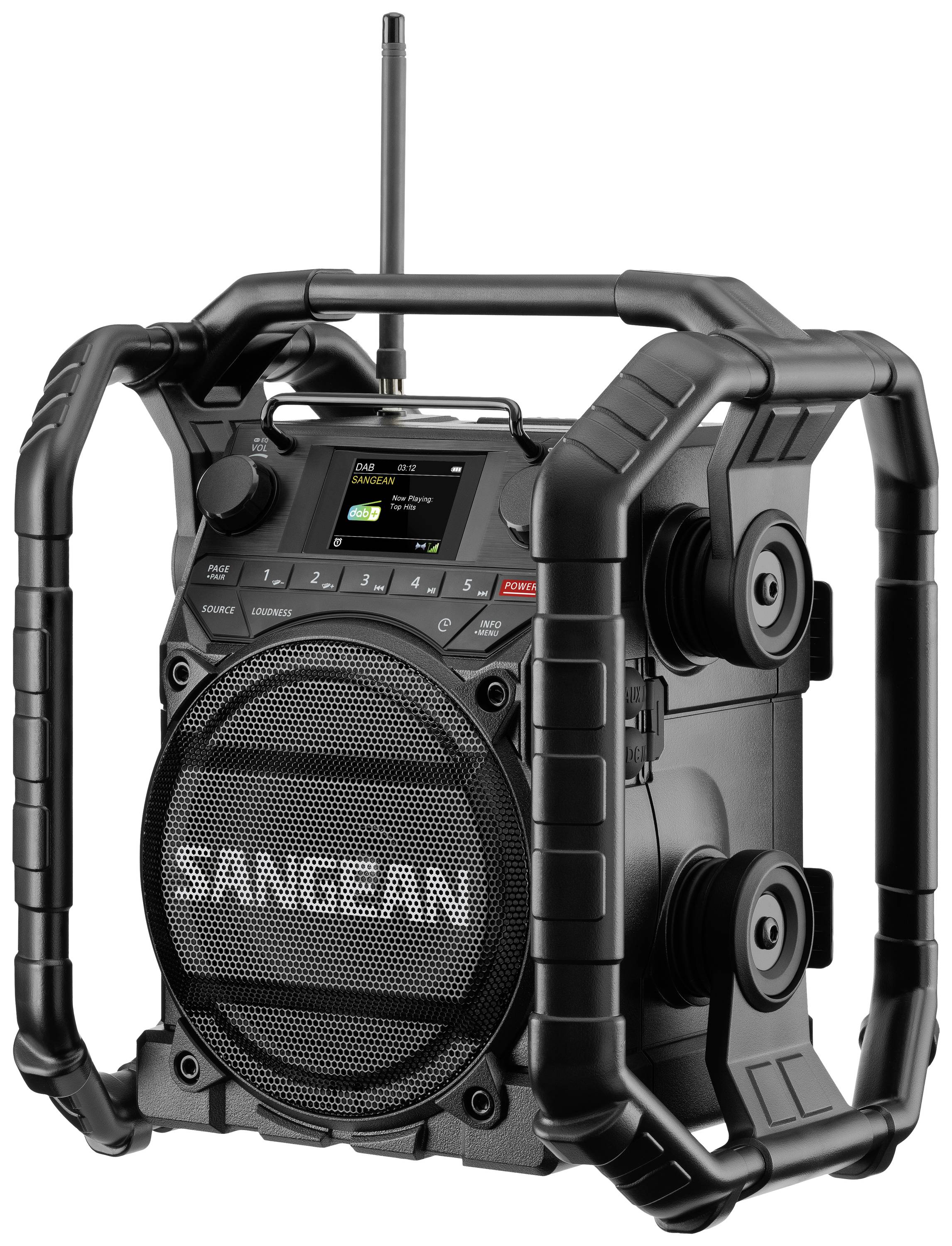 A portable, robust radio with a digital display and distinctive framing. Suitable for outdoor use.