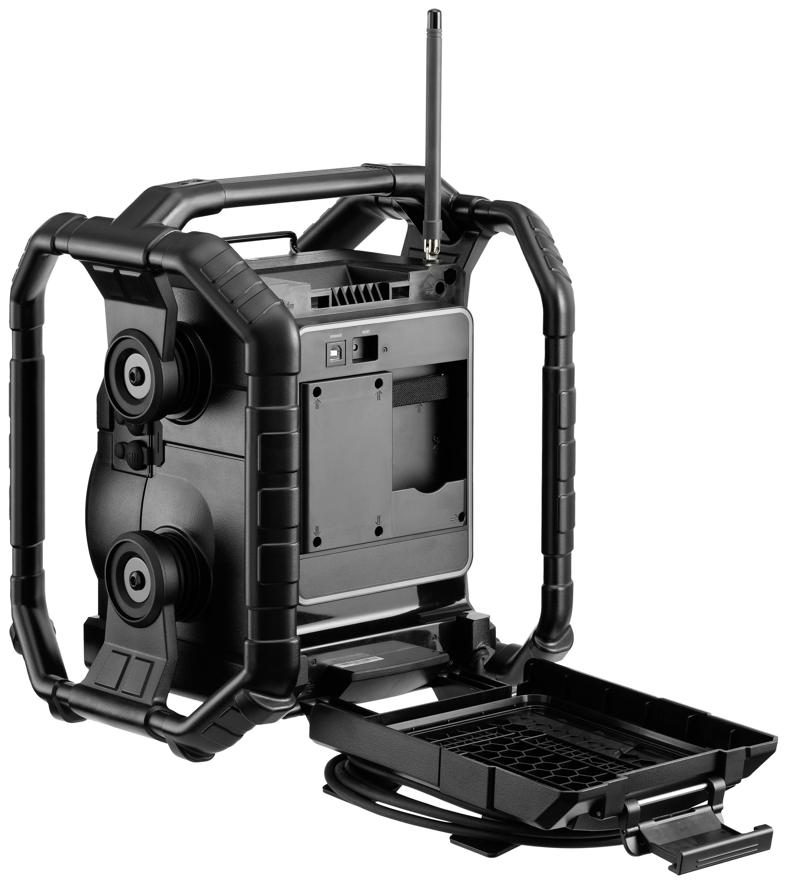 Portable, robust device with an antenna and casing, possibly a communications or audio device, shown in an open configuration.