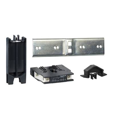 Various electrical components on a white background, including a black mounting bracket, a metal clip, and an adaptor.