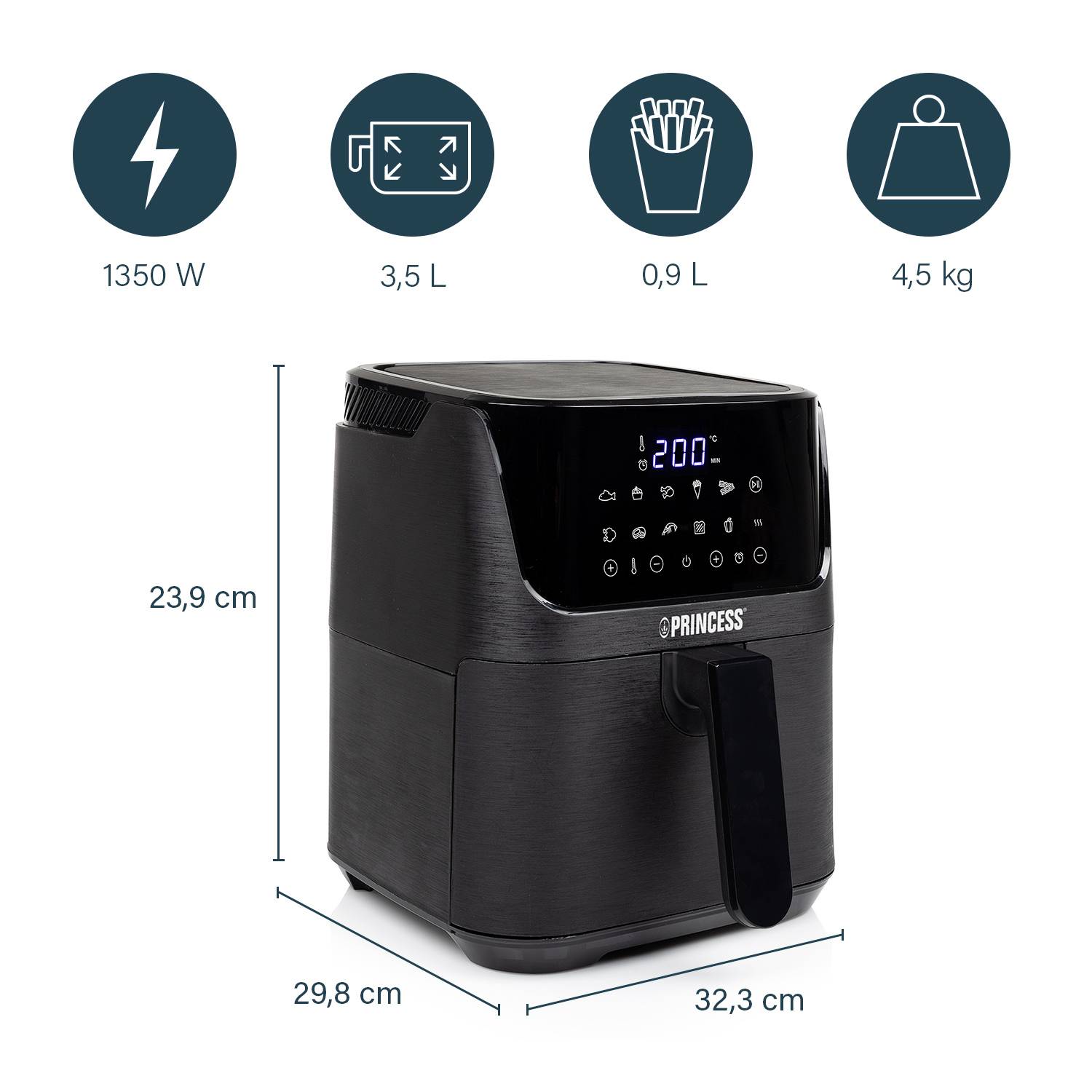 Black hot air fryer, 3.5 L capacity, 1350 W. Shows control panel with buttons. Dimensions: 23.9 cm height, 29.8 cm depth, 32.3 cm width.