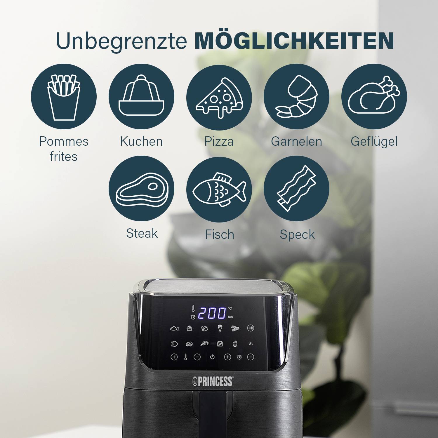 An air fryer with a digital display shows '200°'. On top, symbols for chips, cake, pizza, prawns, poultry, steak, fish, bacon. Text: 'UNLIMITED POSSIBILITIES'.