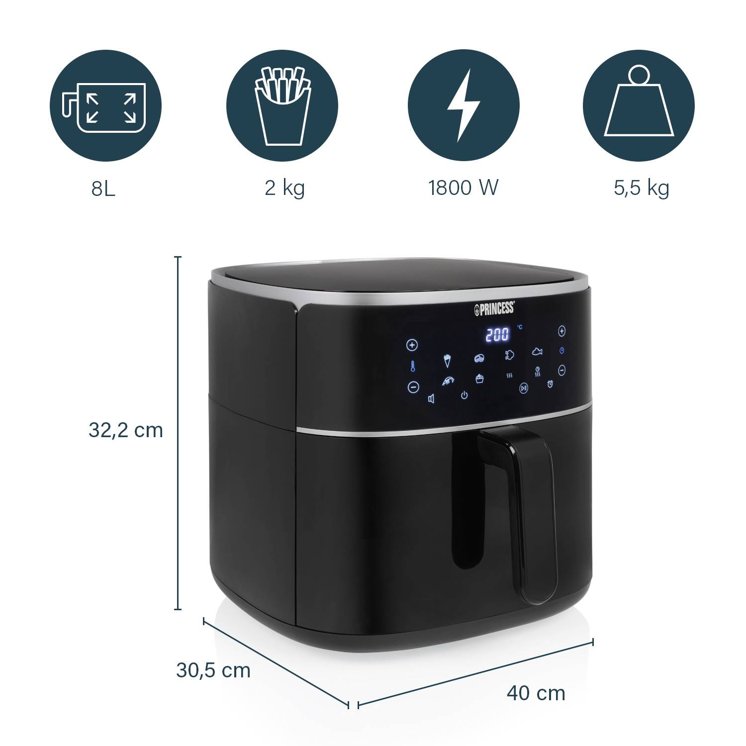 'Air fryer, 8 litres, capacity 2 kg, power 1800 W, weighs 5.5 kg, dimensions: 32.2 cm high, 30.5 cm deep, 40 cm wide.'