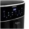 Black hot air fryer with digital control panel. Temperature display shows '200°C', with symbols for various programmes visible.