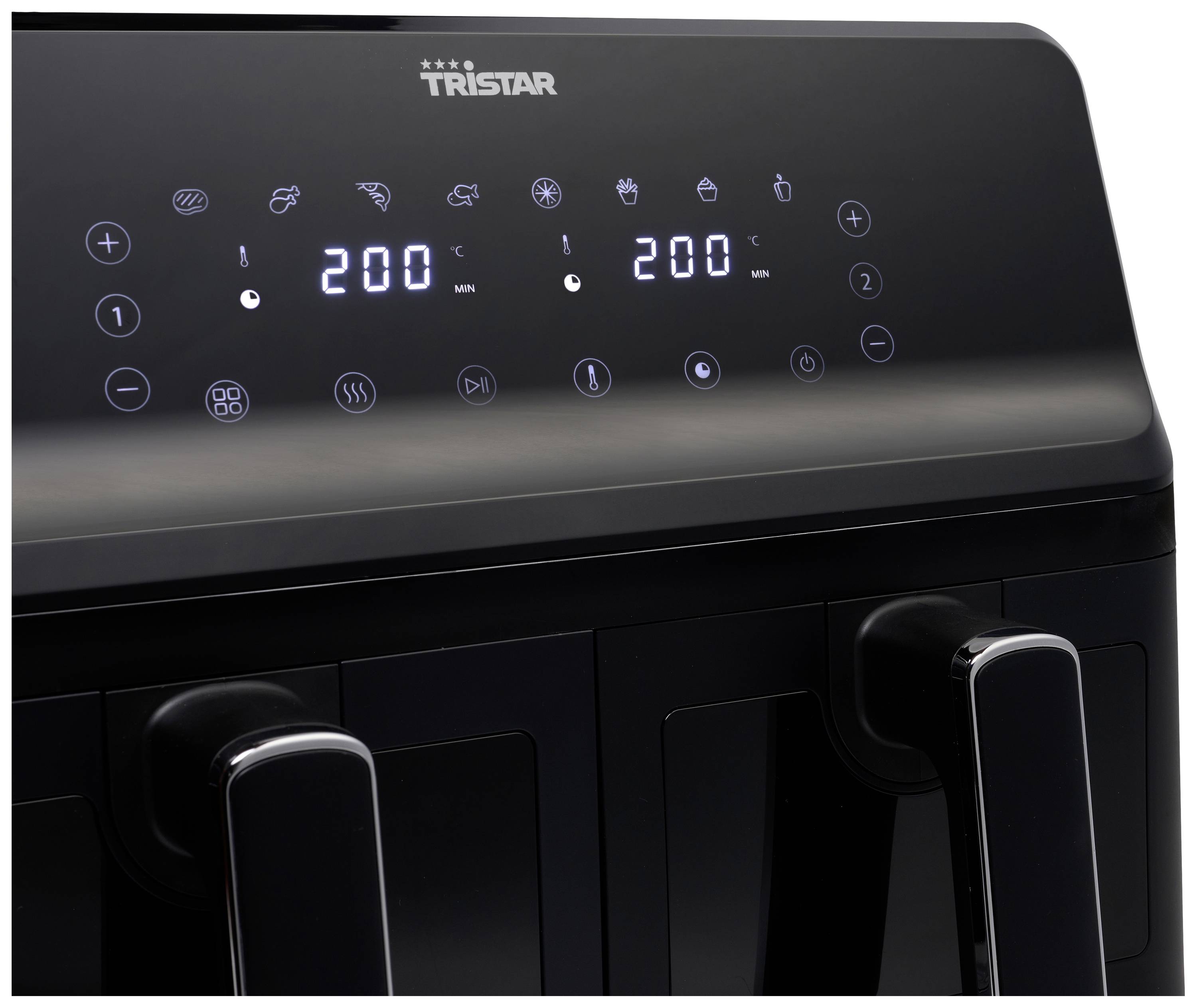 A digital kitchen oven with two controls displays a temperature reading of 200 degrees for two separate compartments.