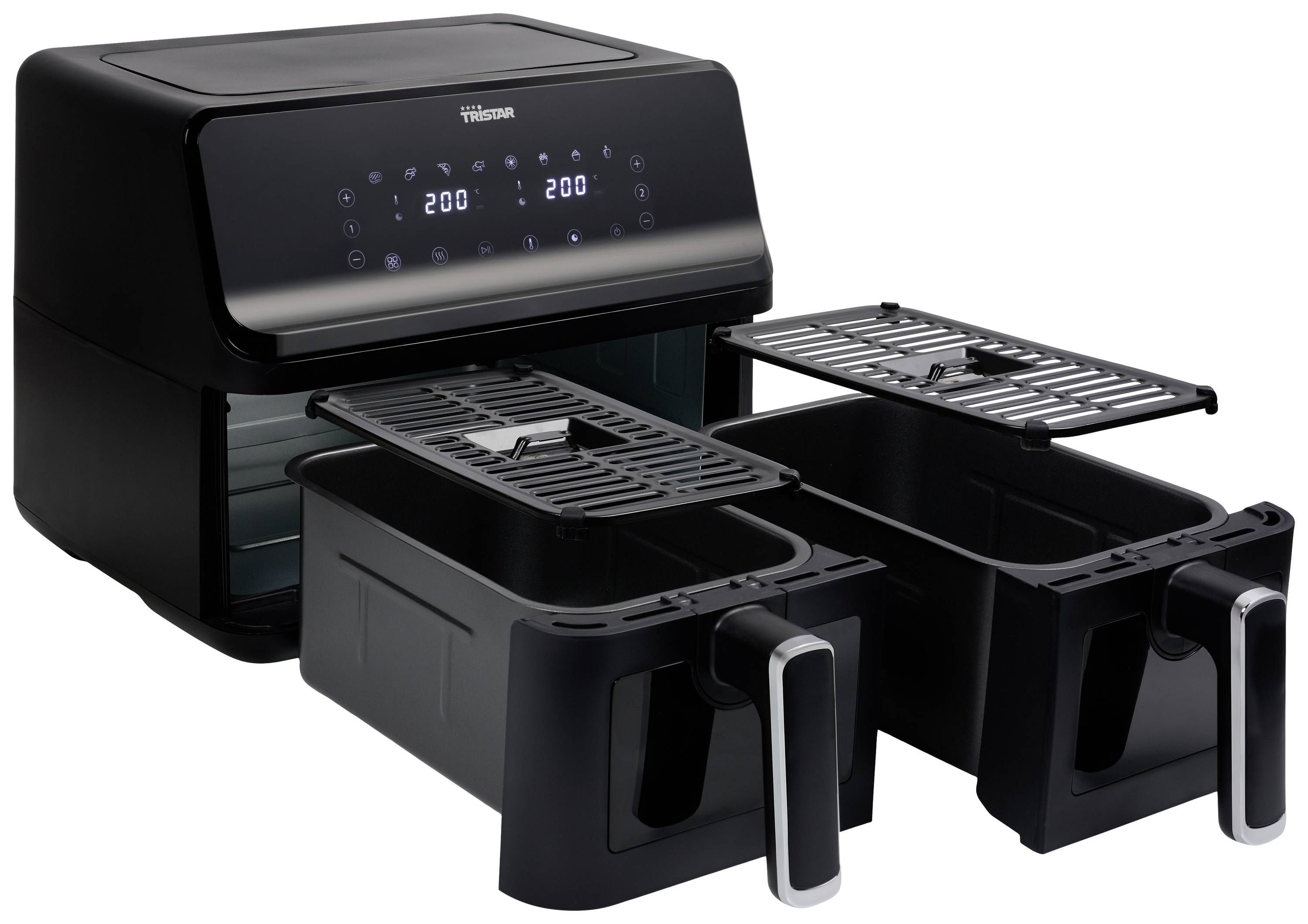 A black air fryer with two removable frying baskets and a digital control panel. Temperatures are visible on the display.