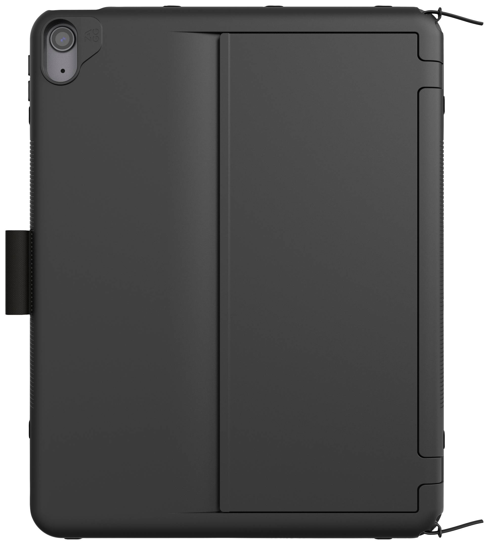 A black tablet case with a robust design that offers protection and stability. The case has a flap and a stylus holder.