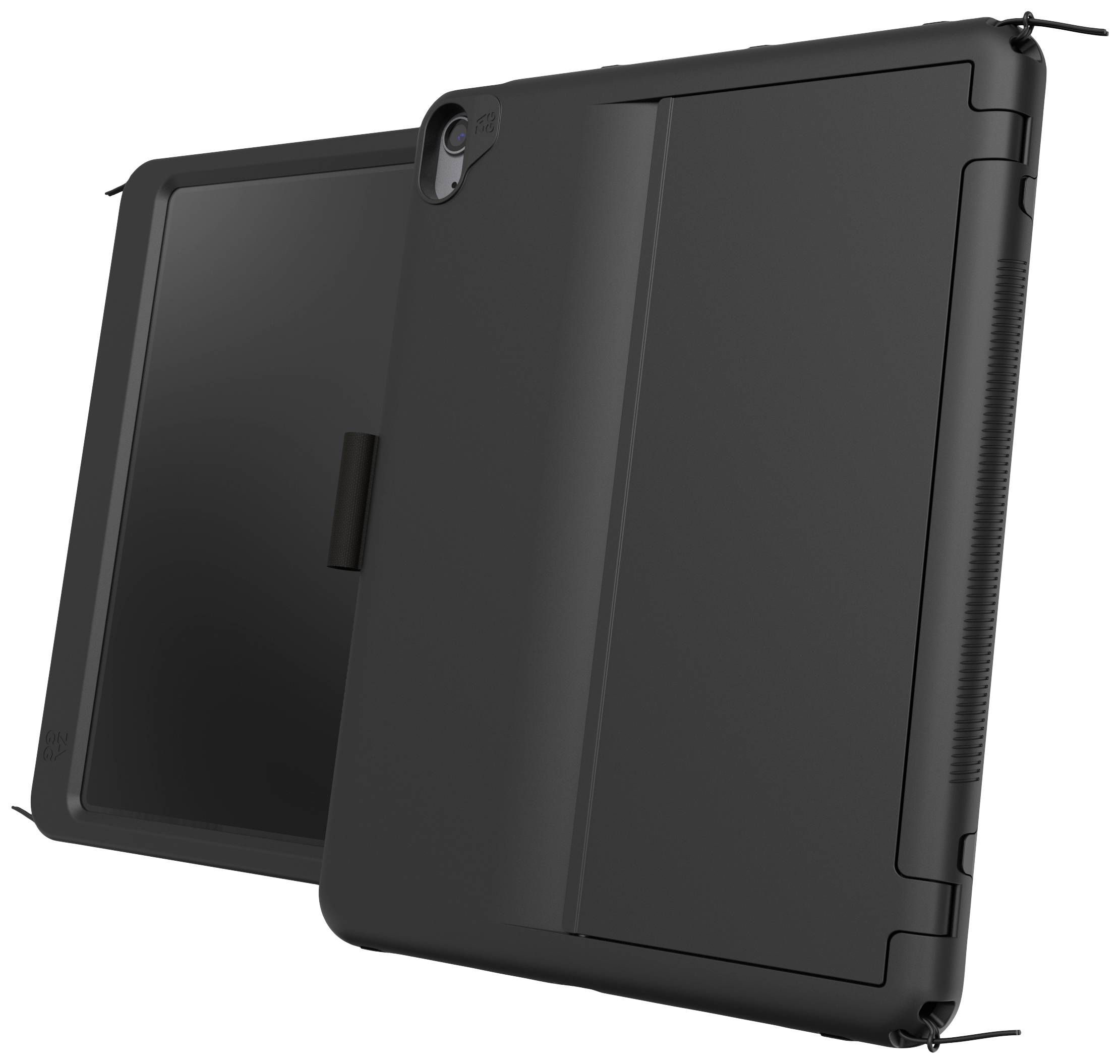Two black tablet cases, one viewed from the front and one from the back. They provide protection and have cut-outs for the camera and ports.