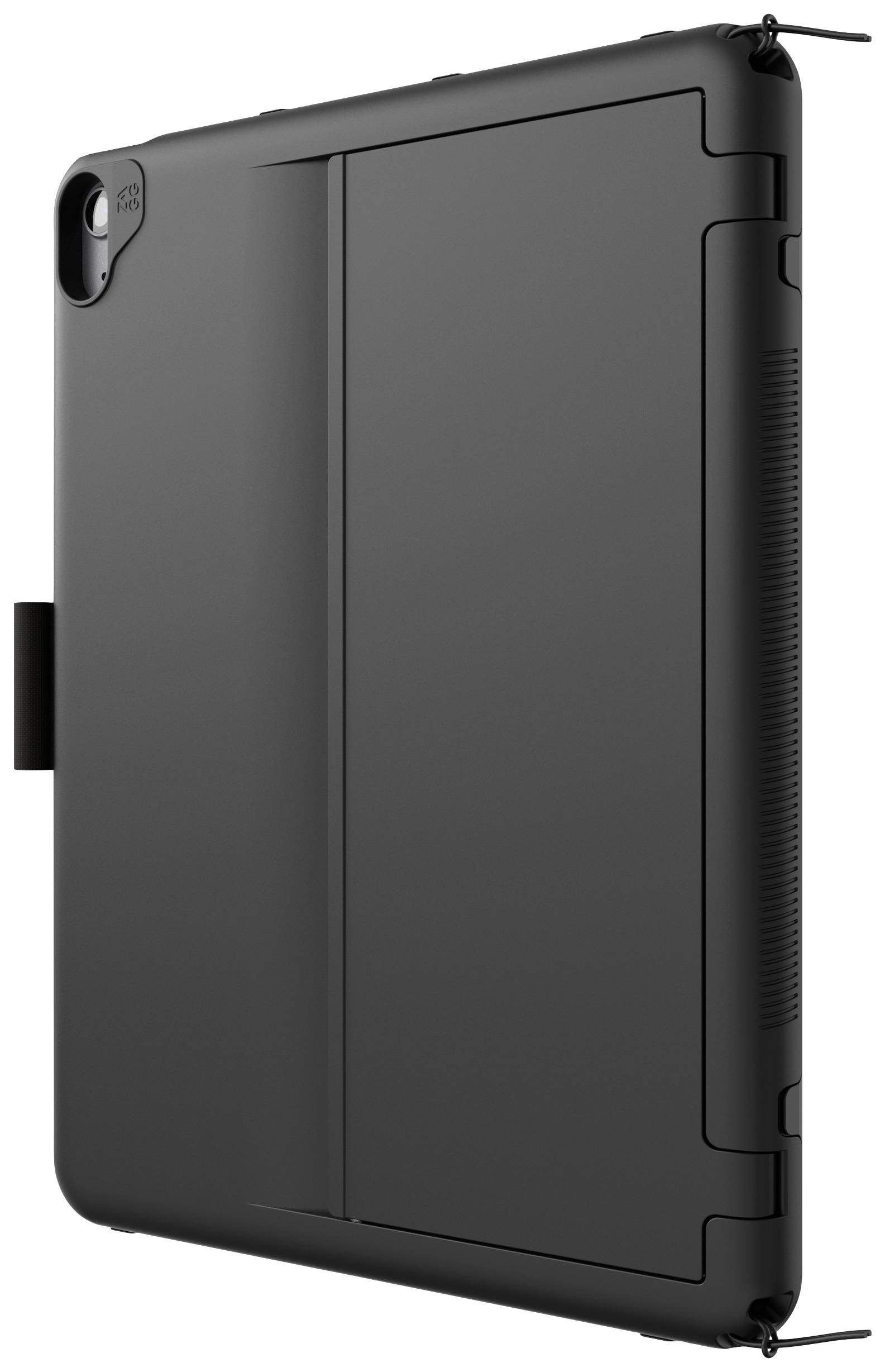 Black tablet with robust housing, rear view. Shows camera cutout and side stylus holder.