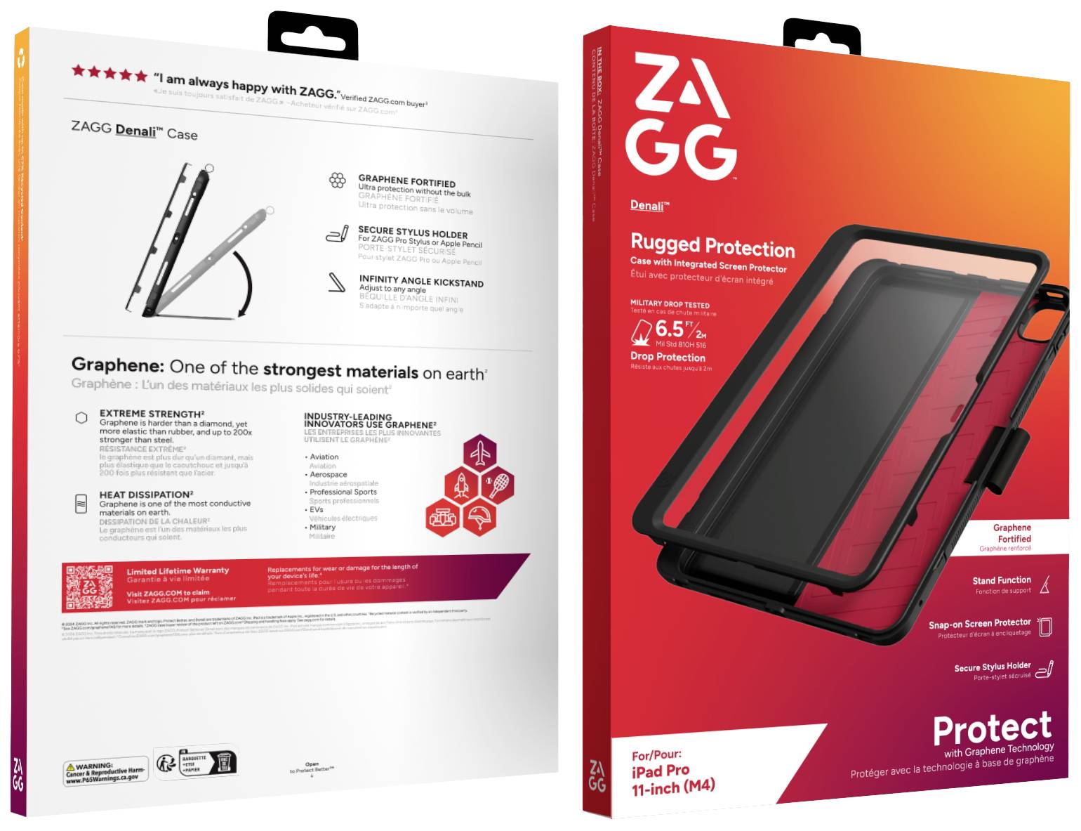 The 'ZAGG Denali' aims to provide robust protection for the iPad Pro 11". The packaging displays the case, with graphics emphasising its shock resistance and stylish design.