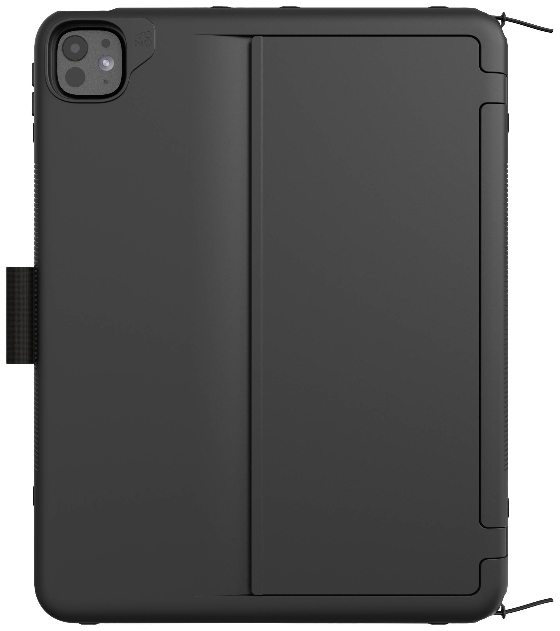 A black tablet in a robust case is seen from the back. The casing has rounded corners and an area for the camera.