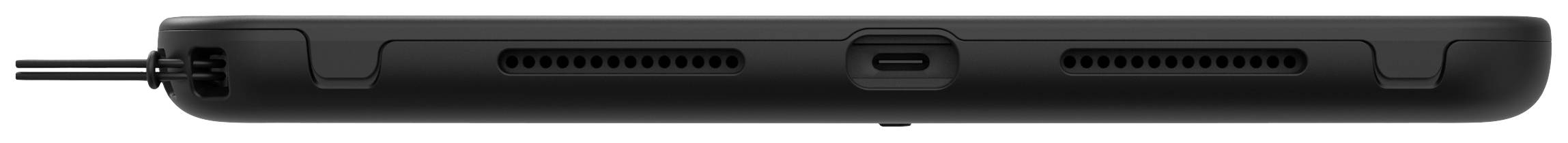 Black electronic device, likely a tablet or console, shown from the side. Two ventilation slots and a central charging cable port visible.