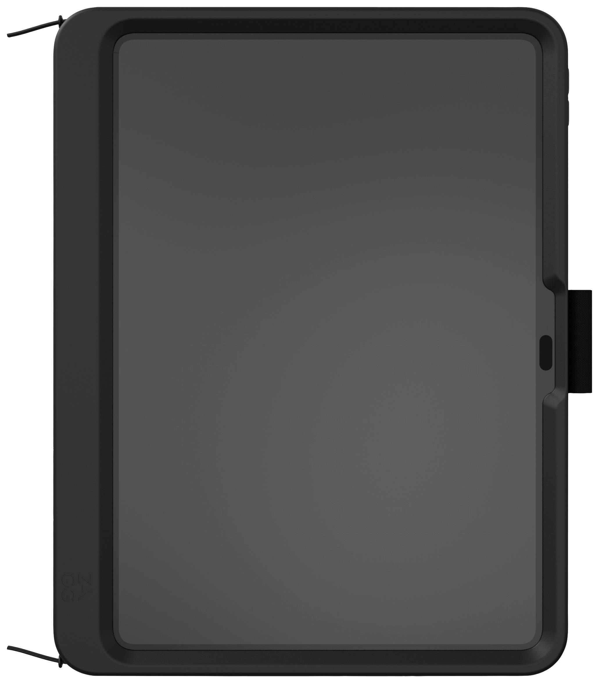 A black tablet in a protective case, shown in vertical orientation.