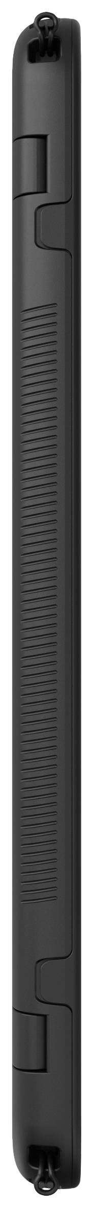 Side view of a black foldable smartphone with a hinge in the middle.